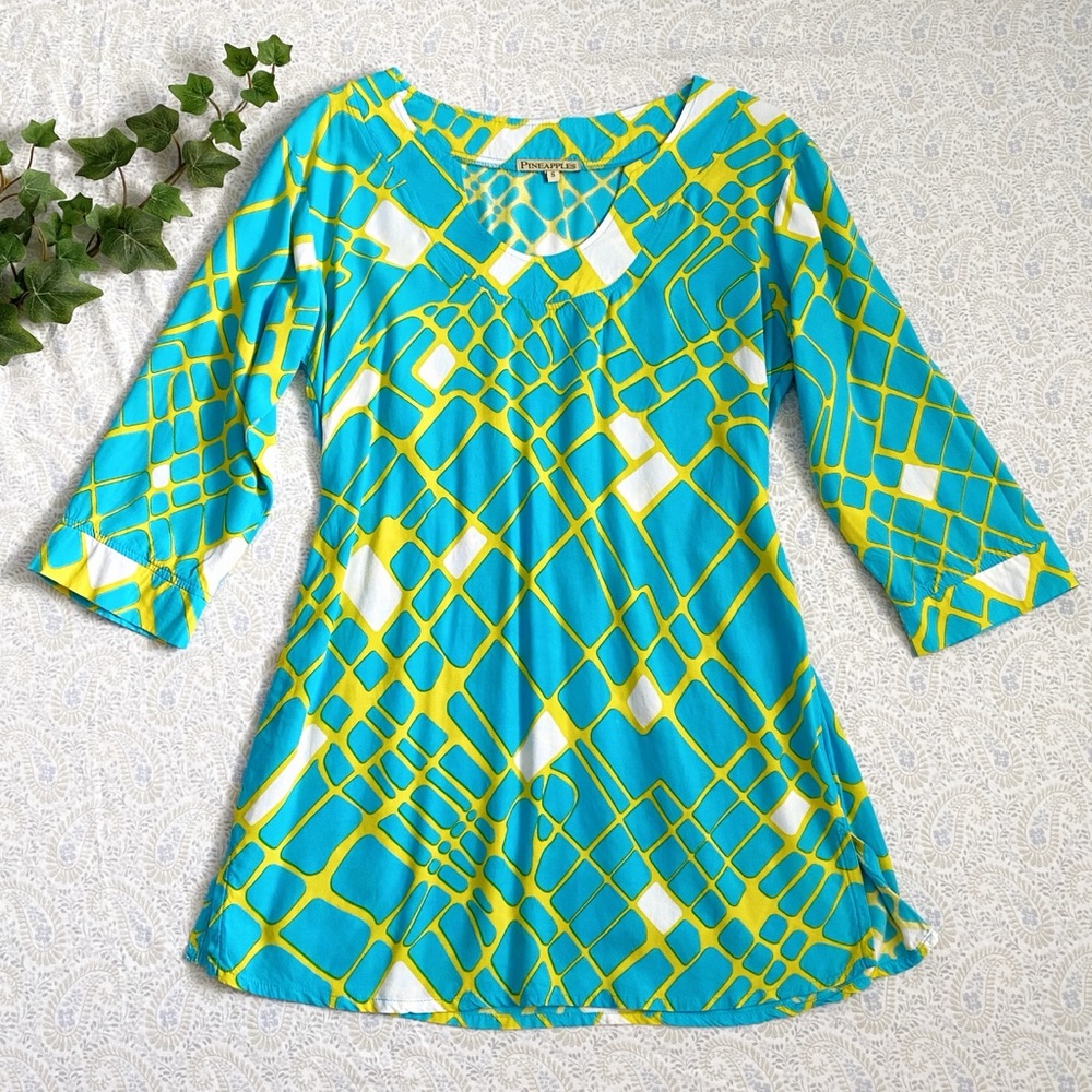 Pineapples summer tunic, ocean current print
